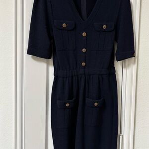 Adolfo Dark Knit Dress with Gold Buttons